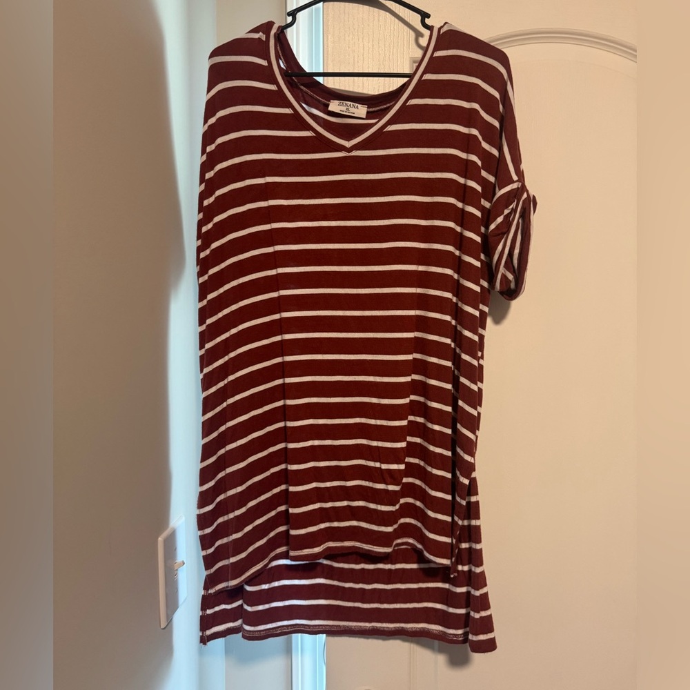 Zenana Outfitters Burgundy and White Striped V-Neck Tee